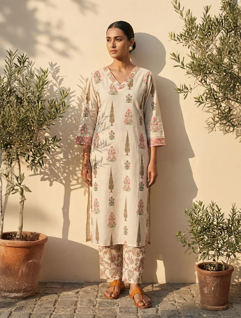 ترو برونز trueBrowns Ivory Boota Print V-Neck Kurta Pant Set